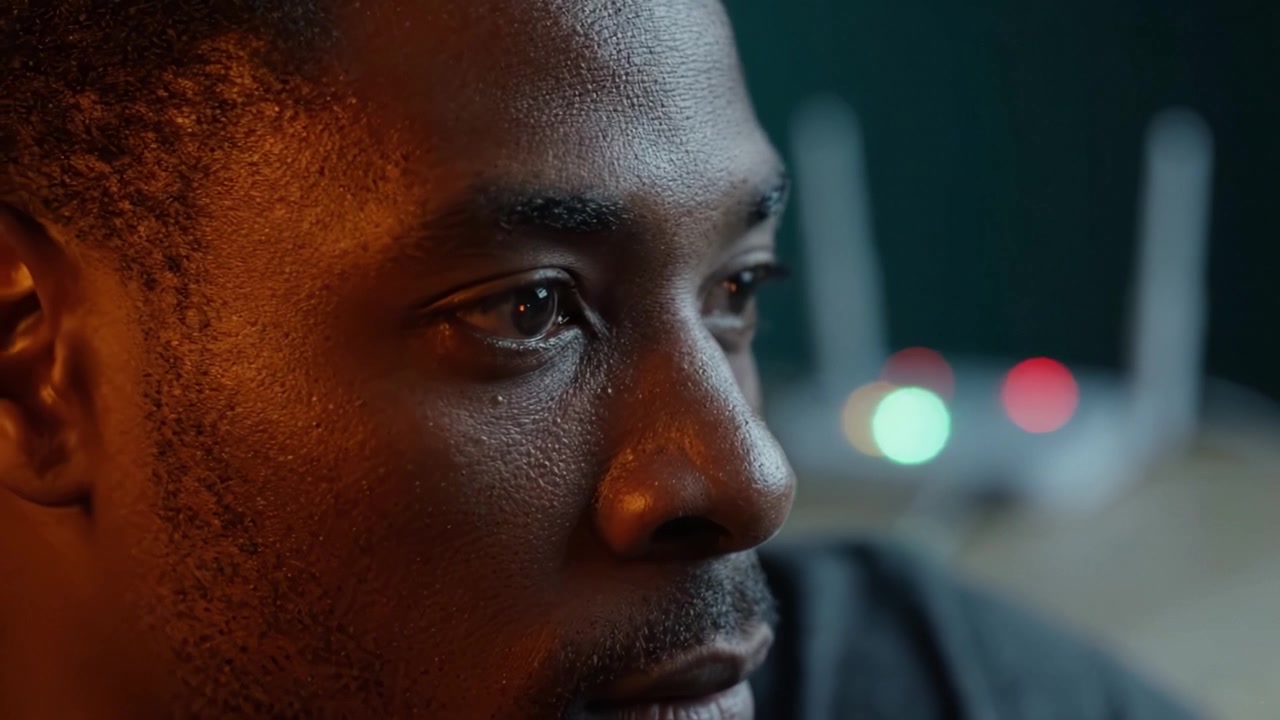 Intense Focus: A Close-Up of a Man's Thoughtful Expression as He Engages with Technology in a Dimly Lit Room Enhancing the Mood of Connectedness