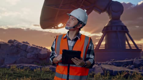 asian male engineer with safety helmet looking at the tablet in his hand and looking around while standing with large satellite dish