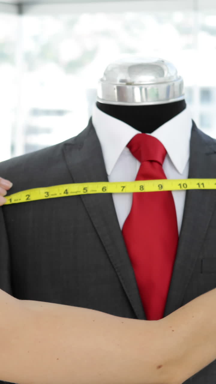 패션 디자이너가 예쁜 마네킨에 옷을 측정하고 있습니다.