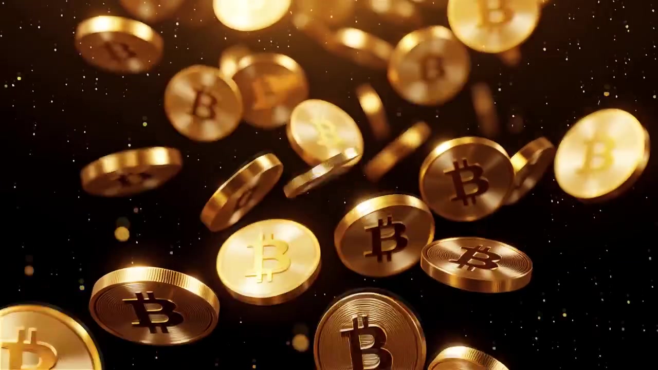 Bitcoin girando em fundo preto dramático 4K