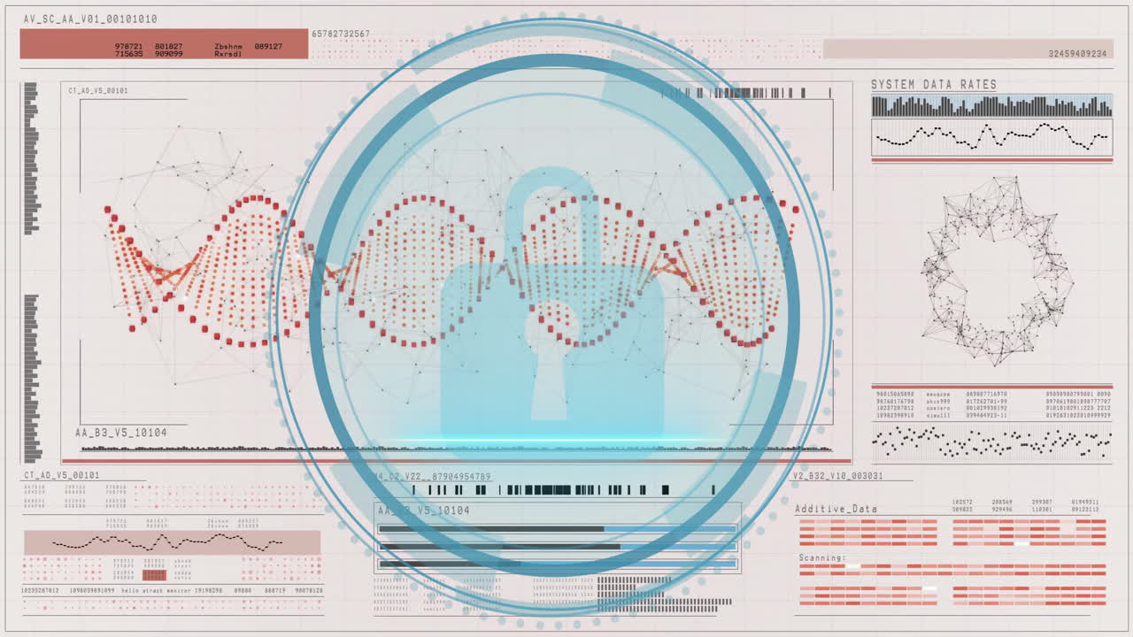 Digital lock and data processing animation over complex network interface background