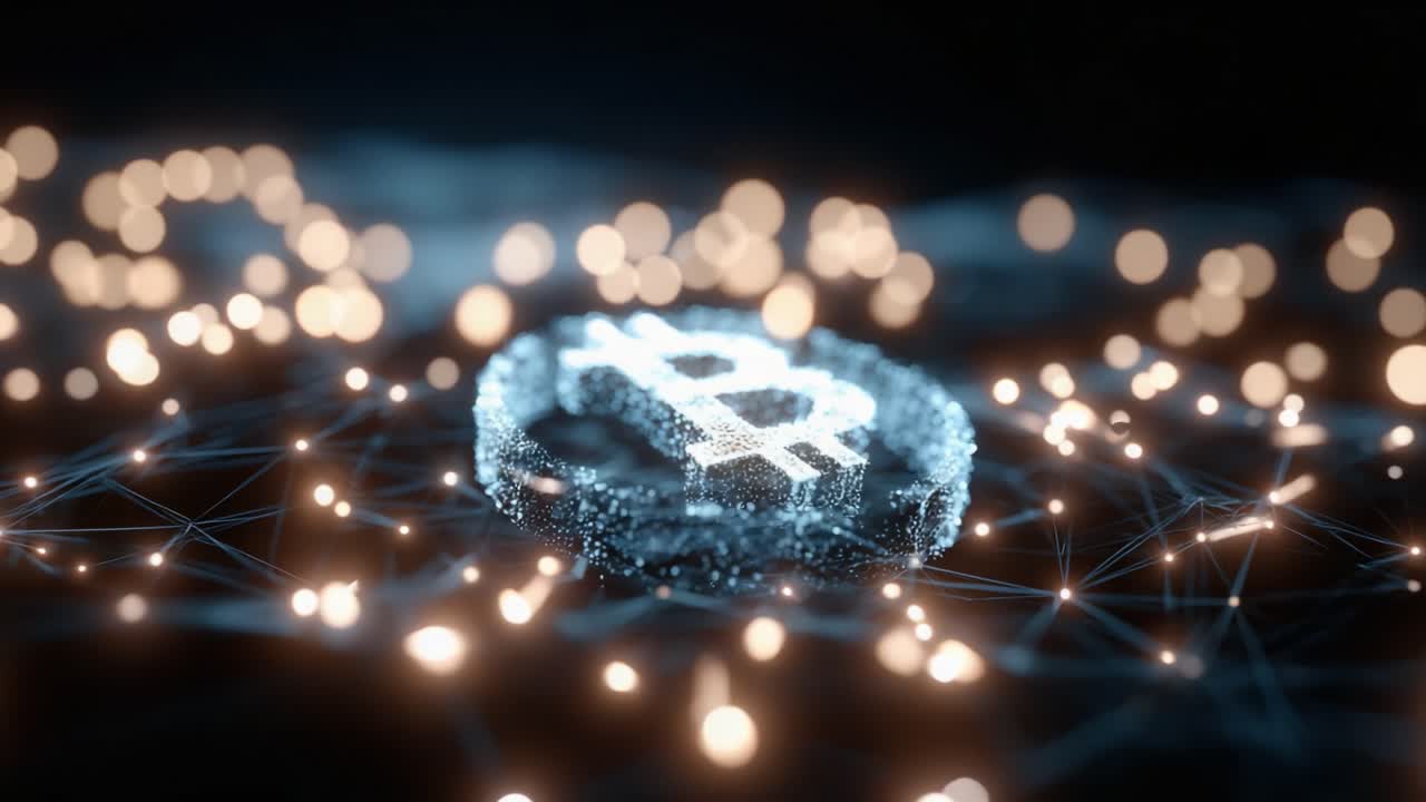 Exploring the Digital Realm: A Stunning Visualization of the Bitcoin Symbol Surrounded by a Web of Interconnected Nodes and Glowing Particles in a Dark Space