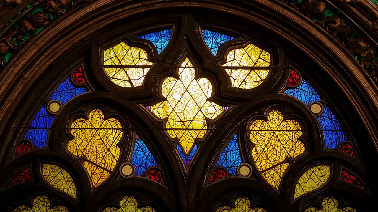 Zooming camera into stained glass window in chapel, showing carved tracery and green-gold molding
