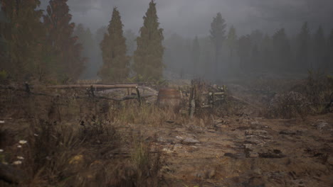 an old wood fence with a country field behind it