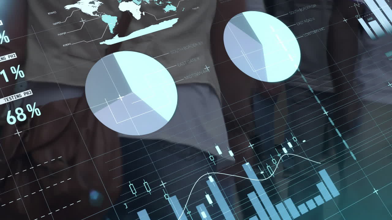Financial data charts and graphs animation over business people in office