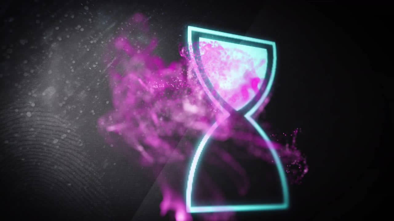 Hourglass icon with pink smoke animation over dark background