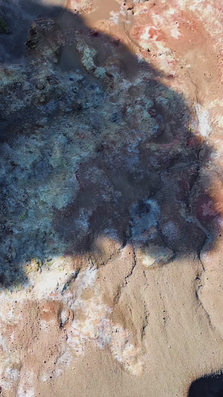 Vista aerea con drone di sfiati geotermici fumanti e pozze di fango ribollenti in un campo geotermico vulcanico in Islanda. Verticale