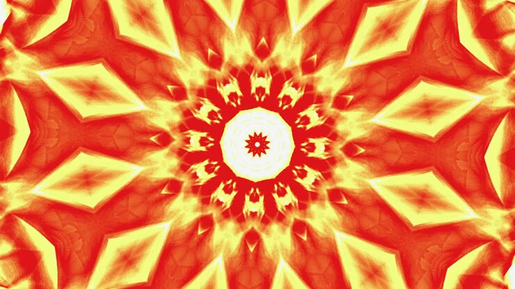 Abstract kaleidoscopic mandala gradient yellow orange red star shape morphing graphic motion. 4K psychedelic visual animated background. Beautiful ornament for DJ VJ loop, stage shows, transition.