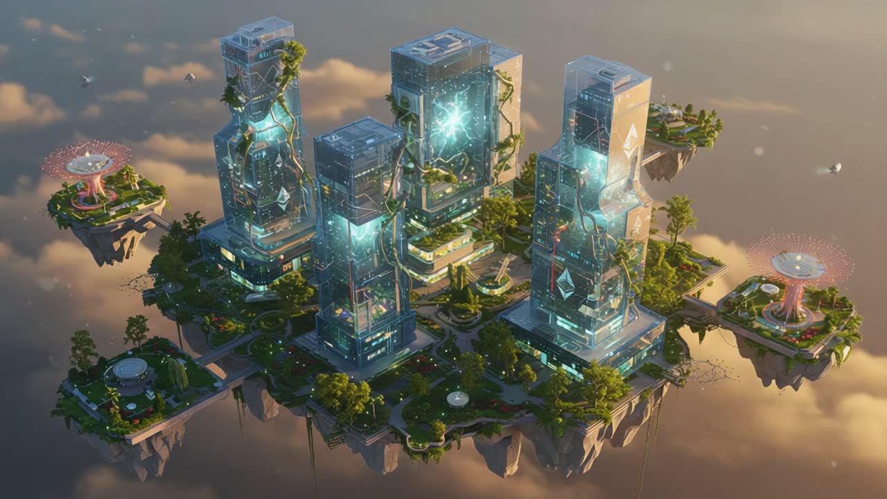Futuristic Cityscape with Floating Buildings, Glowing Structures, and Lush Greenery, Showcasing Advanced Urban Living in a Dreamlike Environment