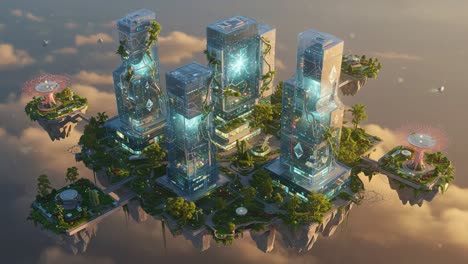 futuristic cityscape with floating buildings, glowing structures, and lush greenery, showcasing advanced urban living in a dreamlike environment