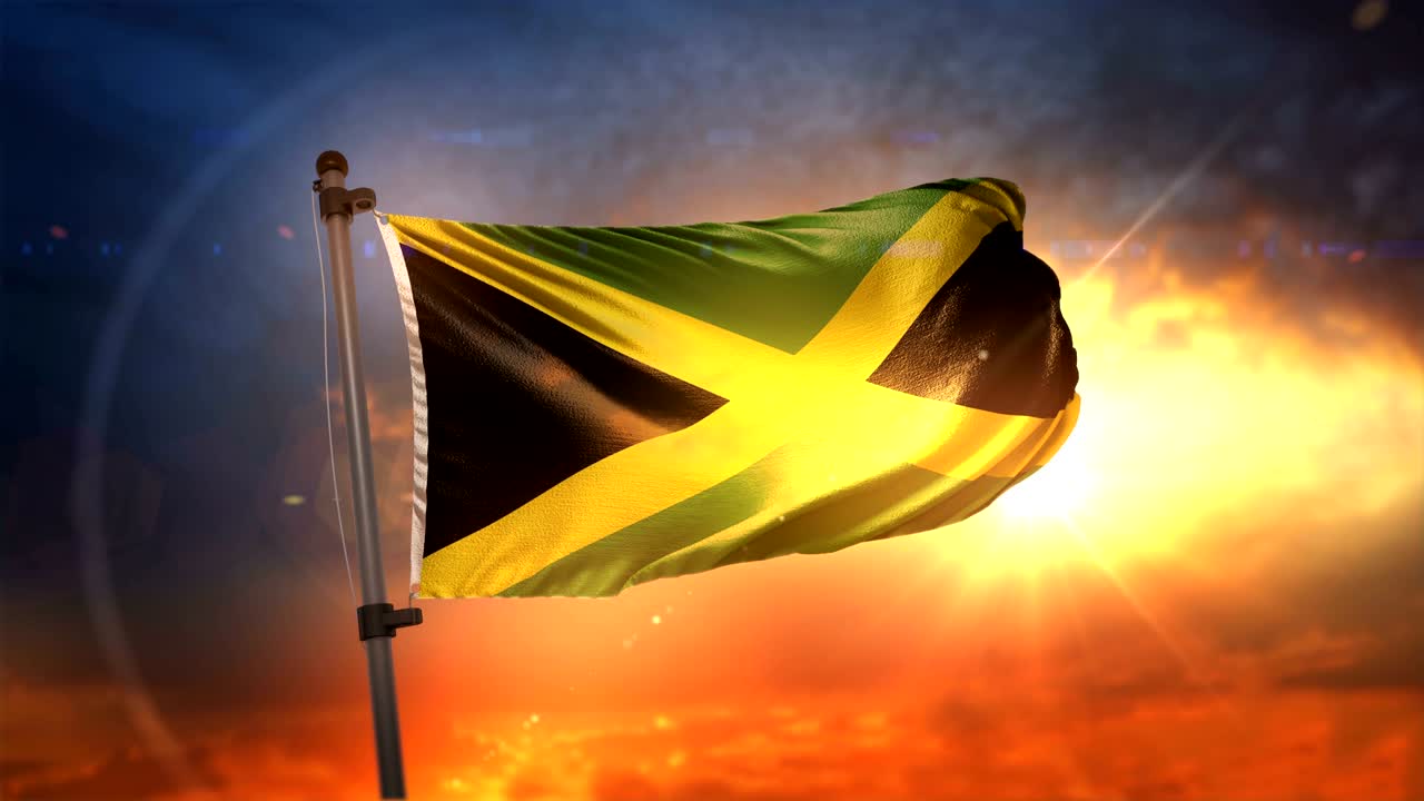 Jamaica Flag Backlit At Beautiful Sunrise Loop Slow Motion 4K