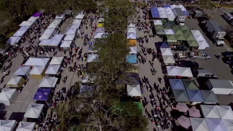 4k aerial drone video of shoppers at farmers market in downotwn st