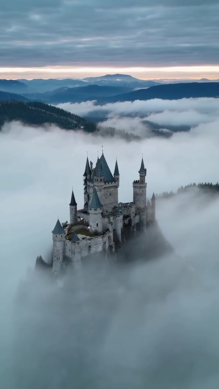 Vista aérea de un majestuoso castillo rodeado de densa niebla matutina