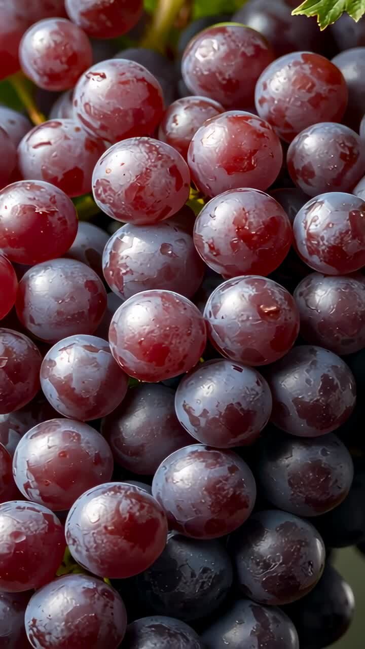 Vertical video: Opening shot showing red purple grapes glistening with water droplets in studio