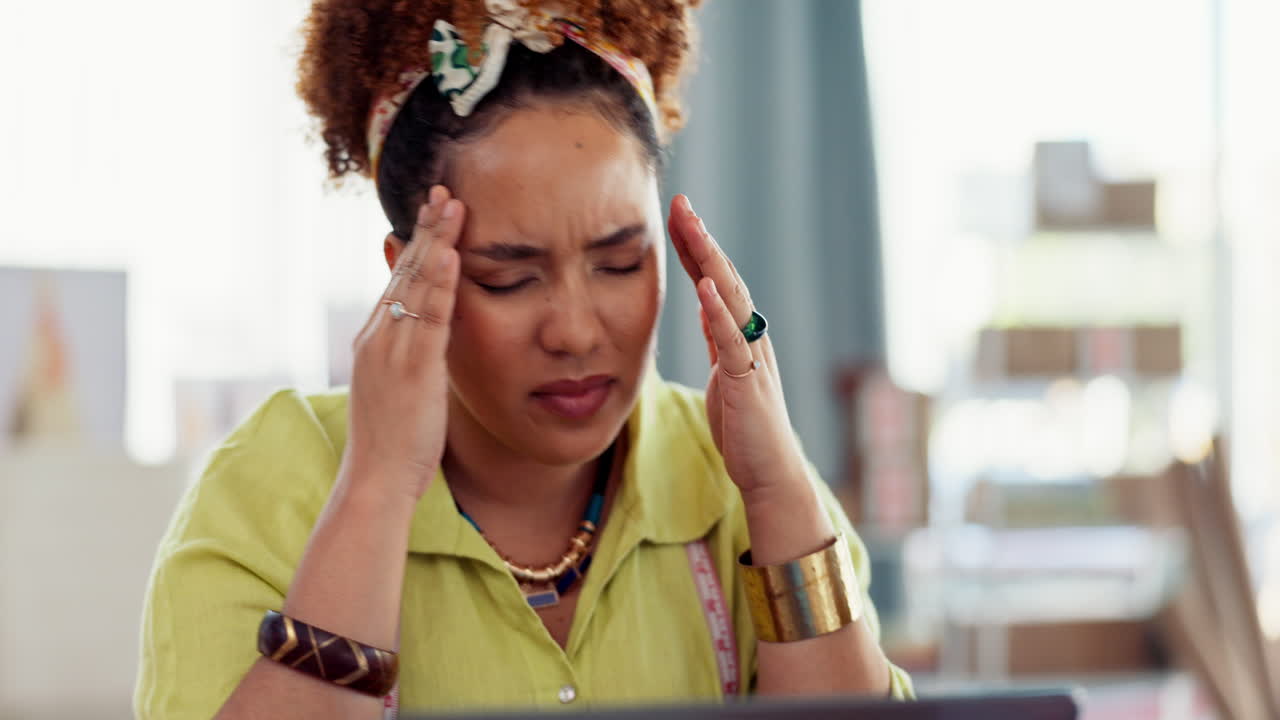 Black woman, headache and pain with burnout