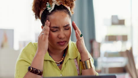 black woman, headache and pain with burnout