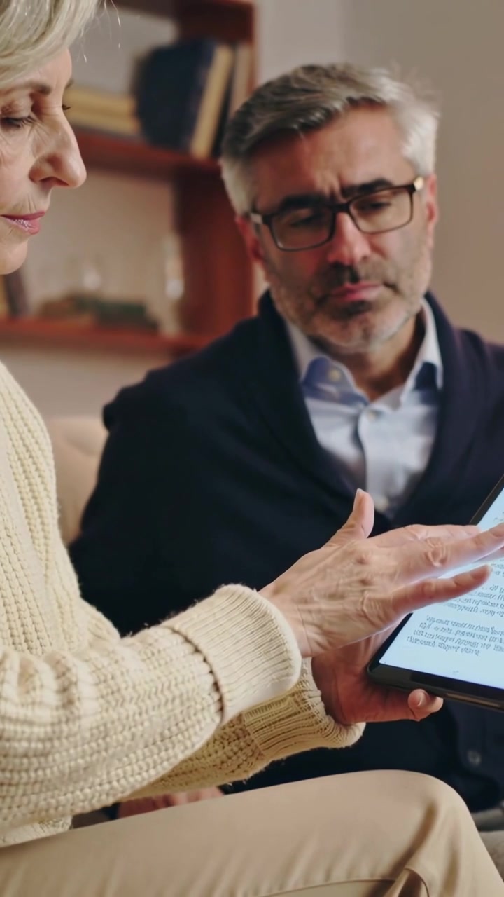 Video verticale: Donna con maglione che tocca il tablet e legge sul divano a casa, mentre un uomo con gli occhiali si appoggia.