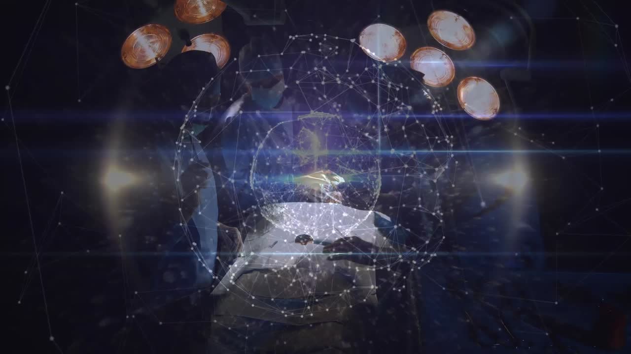 수술실의 외과 의사들에 대한 연결 네트워크와 함께 지구의 애니메이션