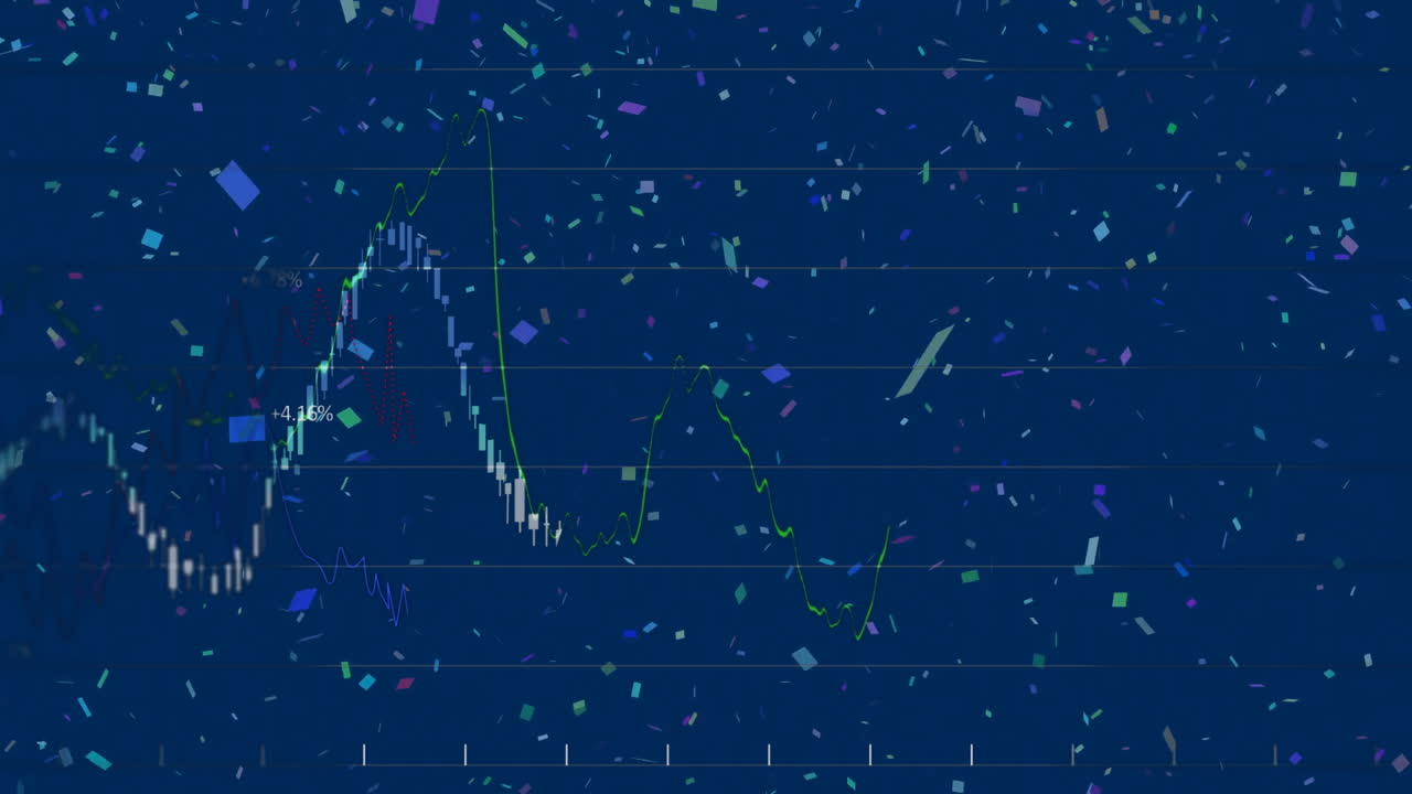 Celebrating financial success, stock market graph with confetti animation