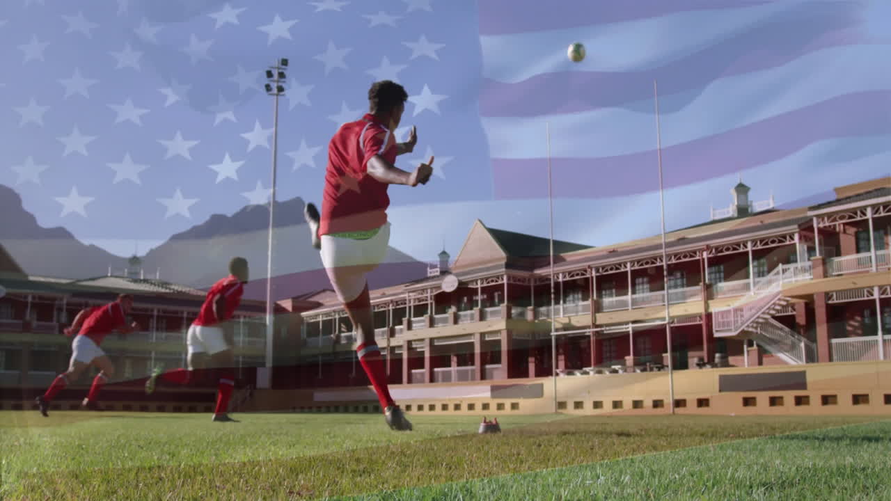 Animation of flag of usa over diverse male rugby players