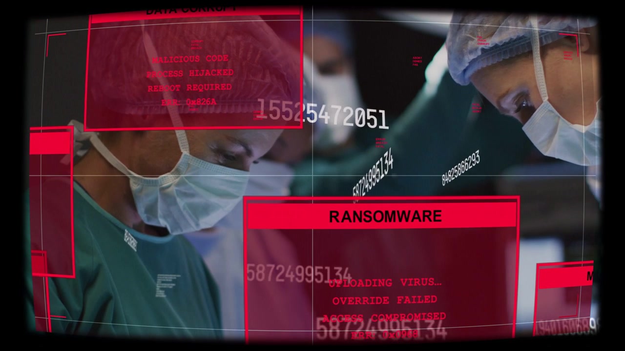 Surgical team operating HUD appearing malware alerts blinding staff overriding to save patient