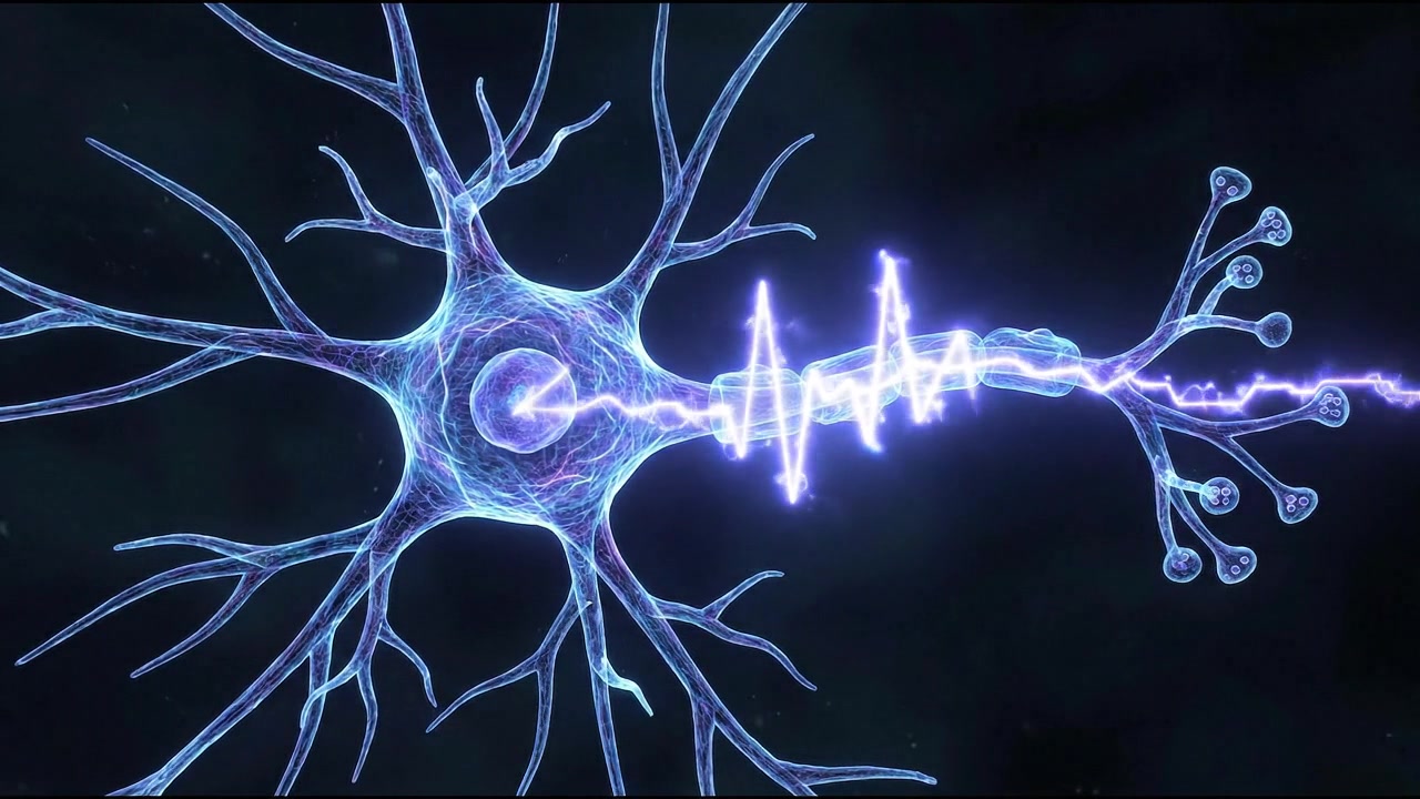Glowing blue brain neuron synapse firing electrical impulse 3D