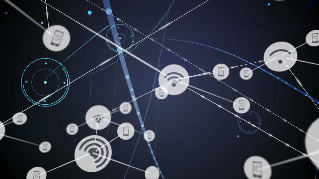 animación de redes de conexiones con iconos sobre fondo negro