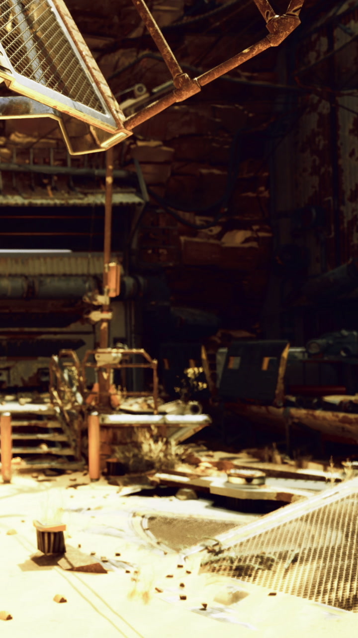 Old industrial space shows wear and nature taking over in quiet setting