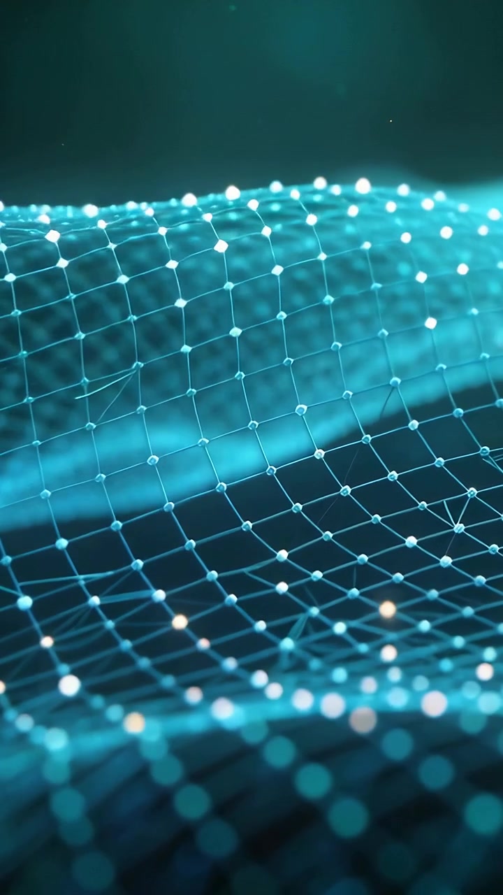 Vertical video: Pulsing light initiating 3D mesh grid undulating in teal void, visualizing data
