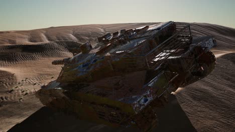 militairy tanks destructed in the desert at sunset