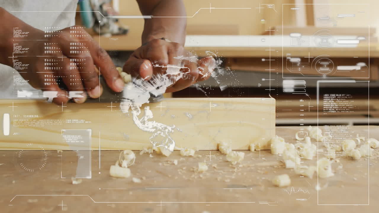 Planing wood, hands using digital interface overlay displaying measurements and data