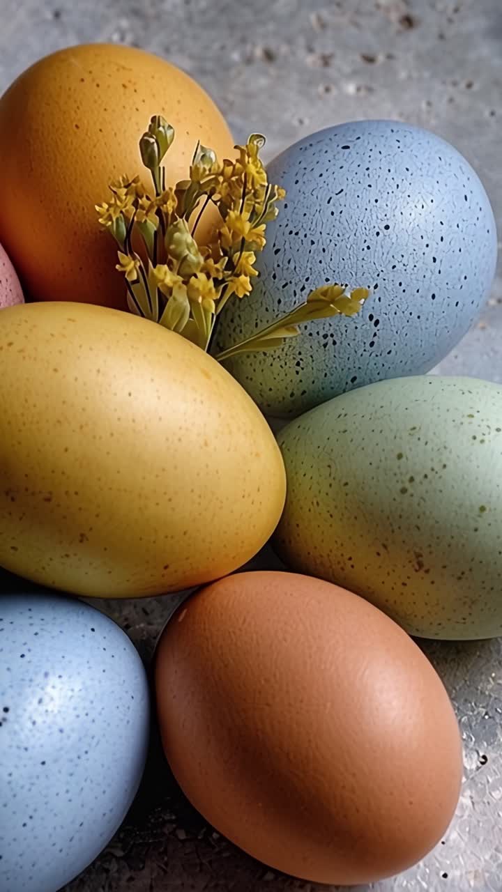 Un hermoso arreglo de huevos de Pascua coloridos rodeados de delicadas flores, exhibiendo tonos y texturas vibrantes en una encantadora exhibición primaveral