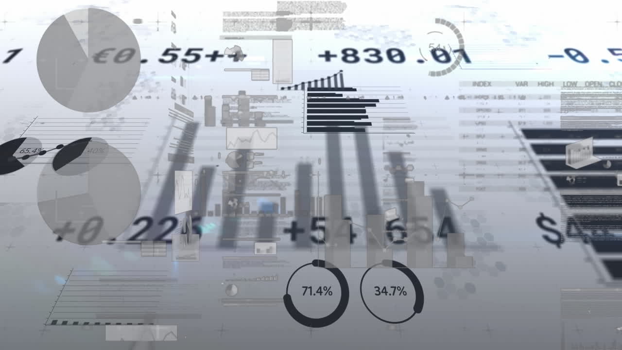 Animation of financial data processing over grey background