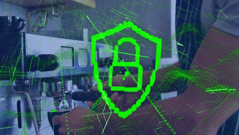 animación de bloqueo de seguridad y senderos de luz verde sobre barista caucásico usando máquina de café
