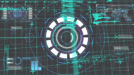 Animation of graphical interface with scanning scope over programming code and grid pattern