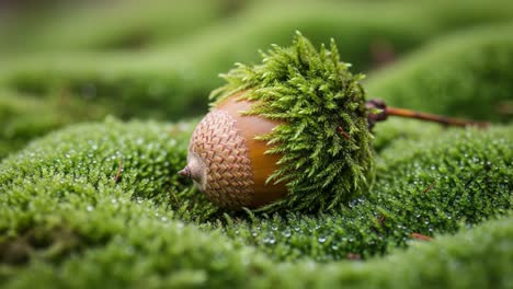 A Captivating Acorn Nestled in a Lush Blanket of Vibrant Green Moss, Creating a Serene and Inviting Natural Scene Filled with Dewy Serenity and Freshness