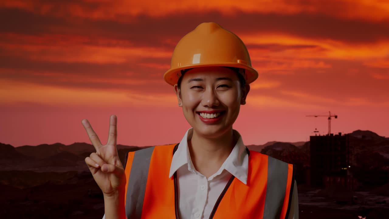 해가 지는 동안의 건설 노동자