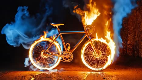 a bicycle with flames on the front wheel of it