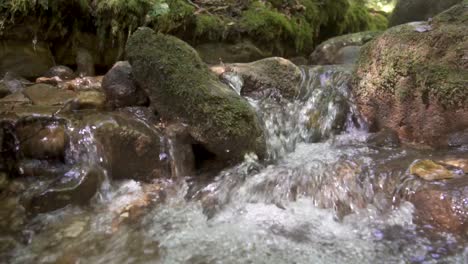 running pure water of natural creek flowing down the mountain rocks