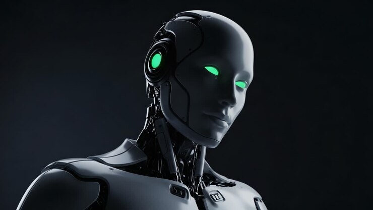 Androide futuristico con occhi verdi luminosi: un'esplorazione visiva ravvicinata della tecnologia avanzata di robotica e intelligenza artificiale.