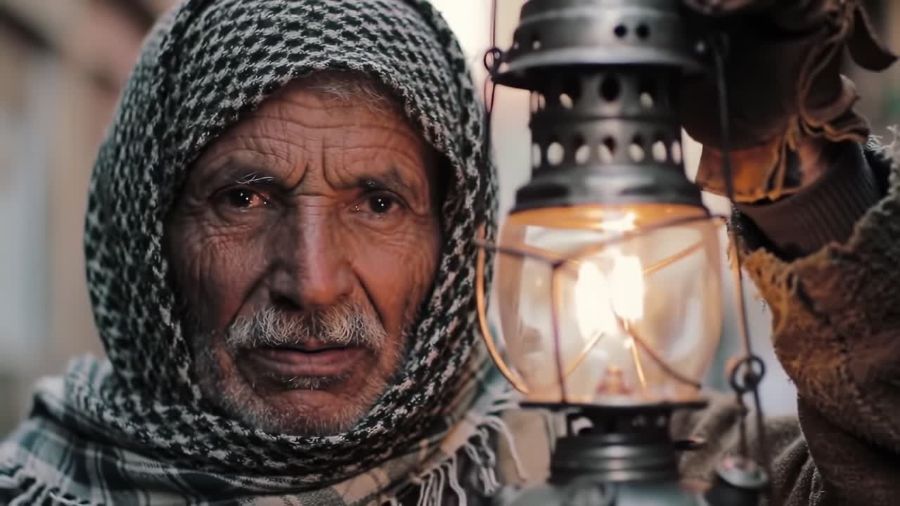 An elderly man holding a lantern with determination and wisdom, illuminating his surroundings in a traditional setting, embodying resilience and heritage in each glimmer of light