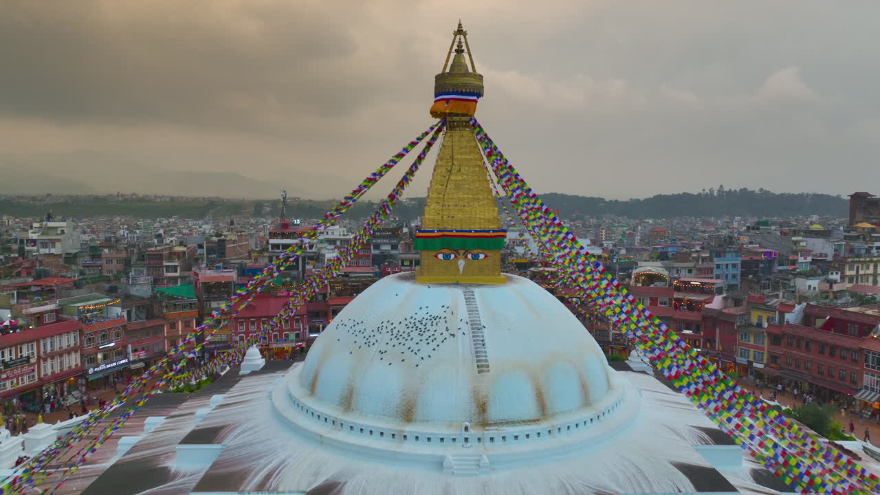 Boudha Stupa, Buddha's eye Nepal, Drone Reveals landscape of Kathmandu UNESCO Heritage Site 4K
