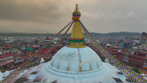 boudha stupa, buddha's eye nepal, drone reveals landscape of kathmandu unesco heritage site 4k