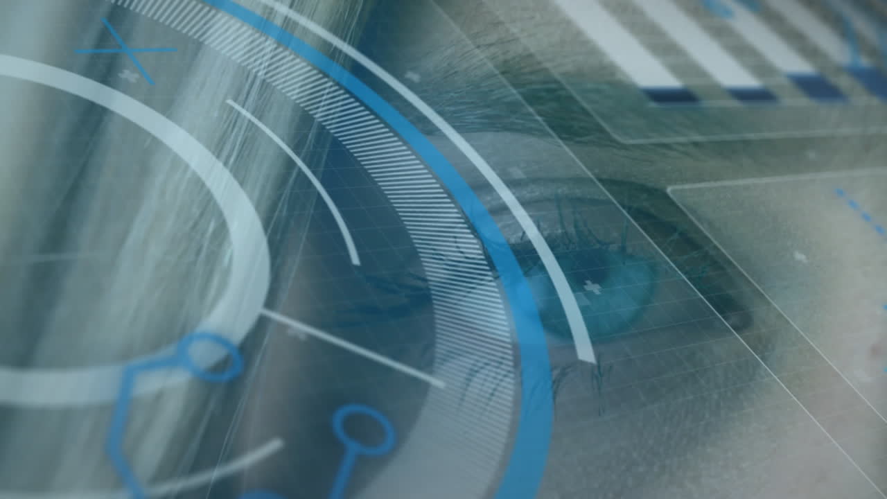Animation of statistics and scope scanning over woman's eye in background