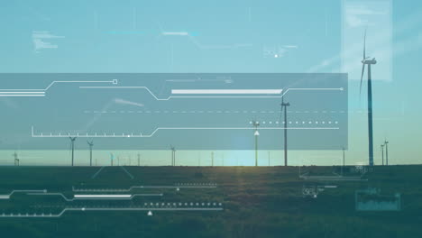 wind turbine rotating on grassland plain, showing animated hud interface monitoring energy output