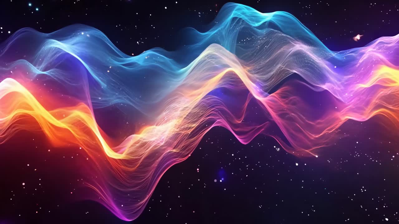 A colorful, swirling line of light in the sky. The colors are orange, blue, and purple