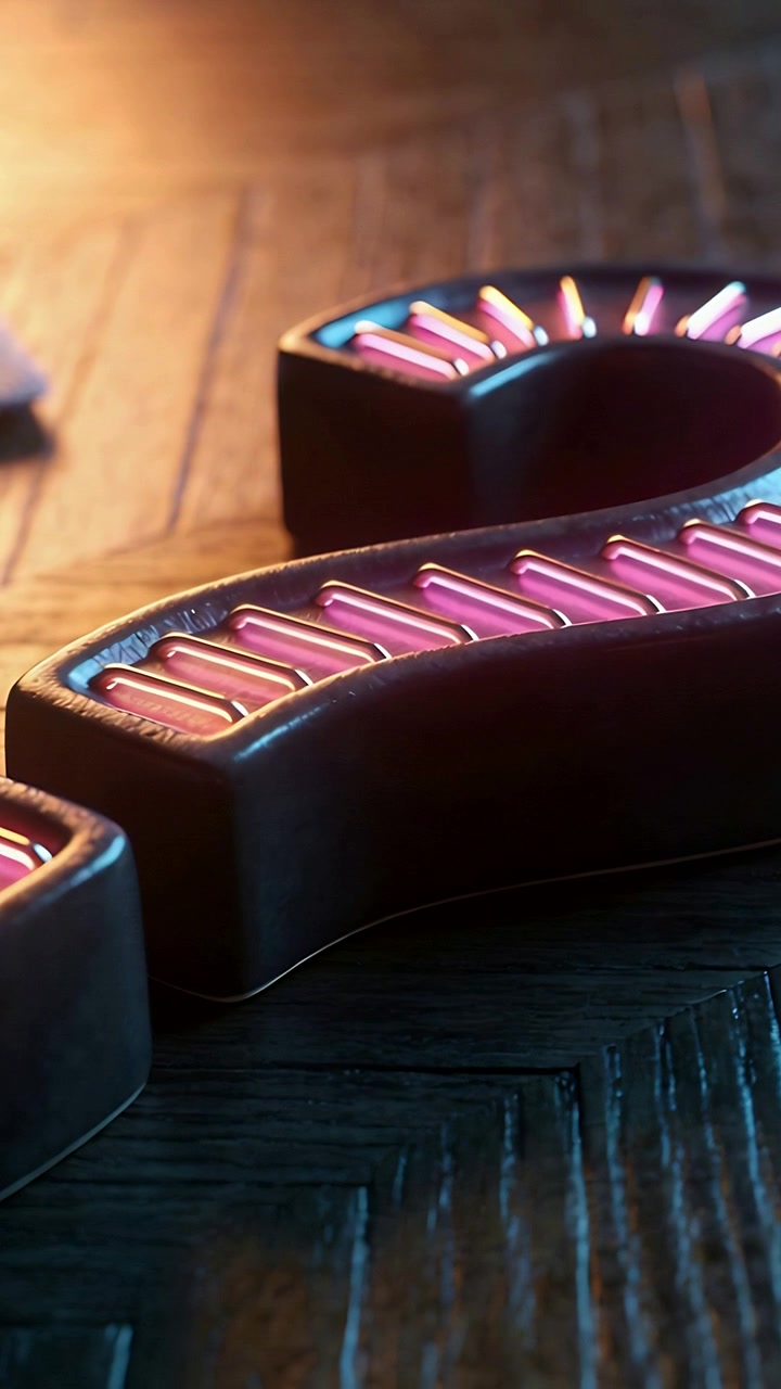 Vertical video: Shifting camera showing curved dark metallic object on wood tabletop with pink ribs