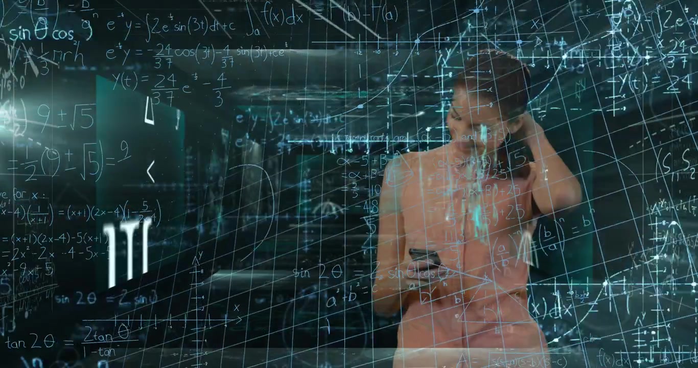 Animation of mathematical equations over caucasian woman using smartphone on black background