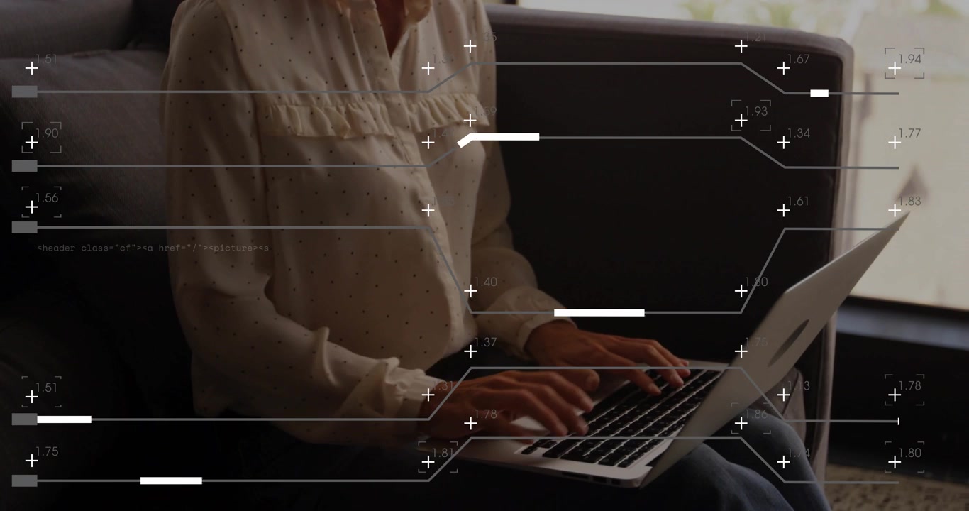 Mature adult woman typing on laptop, input activating animated code overlay for technology review