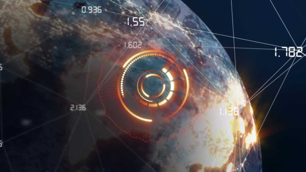 Animation of network of connections and scan scoping over globe on dark background